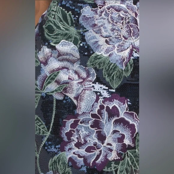 MARCHESA NOTTE NAVY FLORAL EMBROIDERED BUBBLE SEQUIN MIDI DRESS - Picture 8 of 8